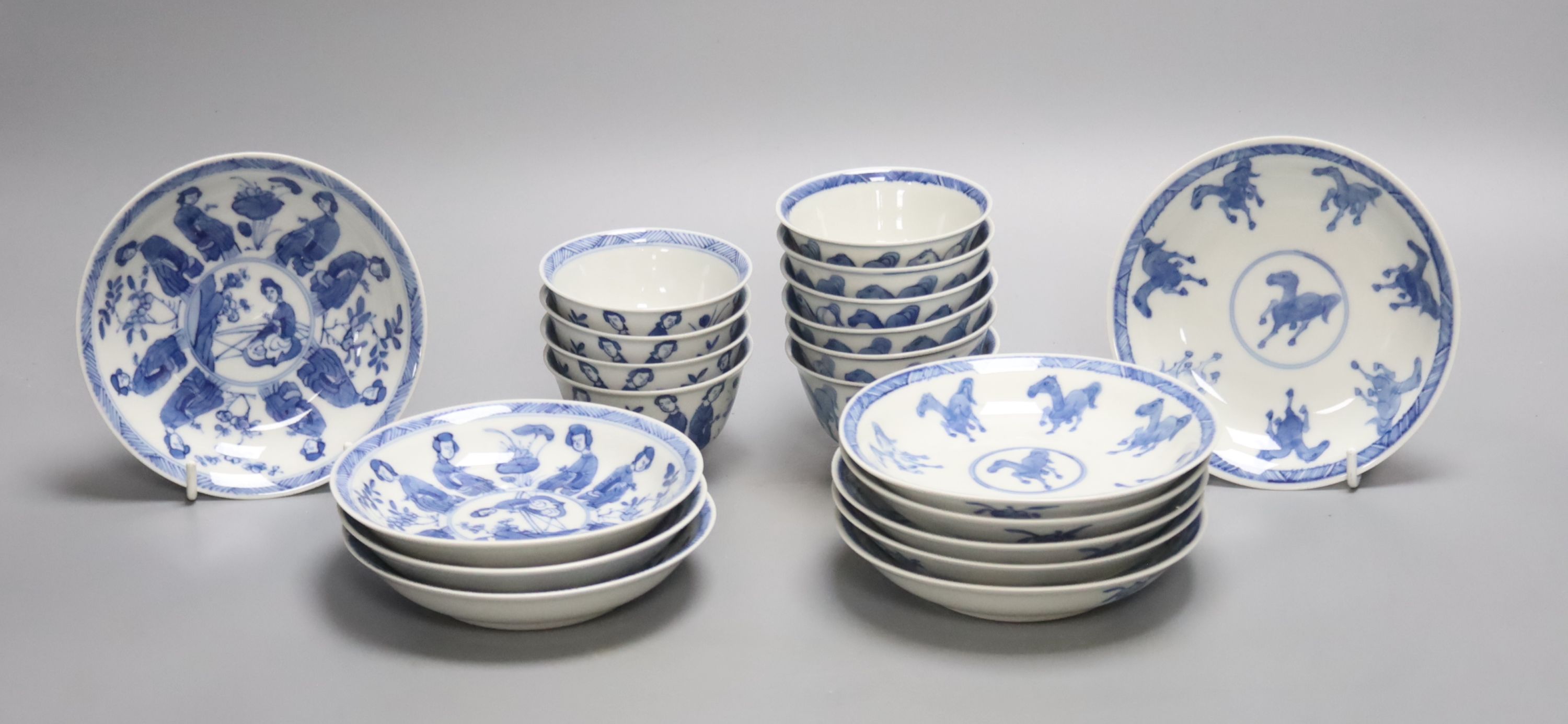 Six Chinese blue and white Horses tea bowls and saucers and four ladies tea bowls and saucers (20)